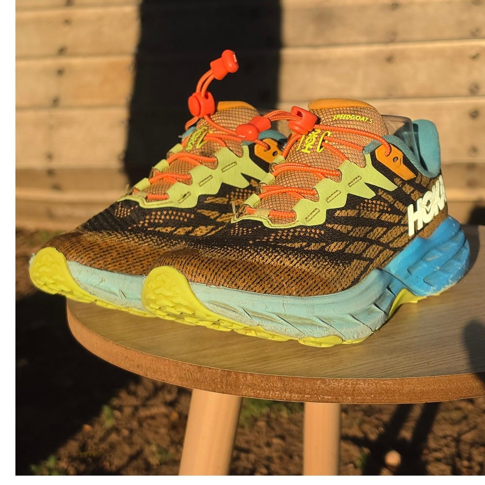 Hoka Speedgoat 5 Trail Running Shoes Orange Yellow Blue Vibram Sneakers